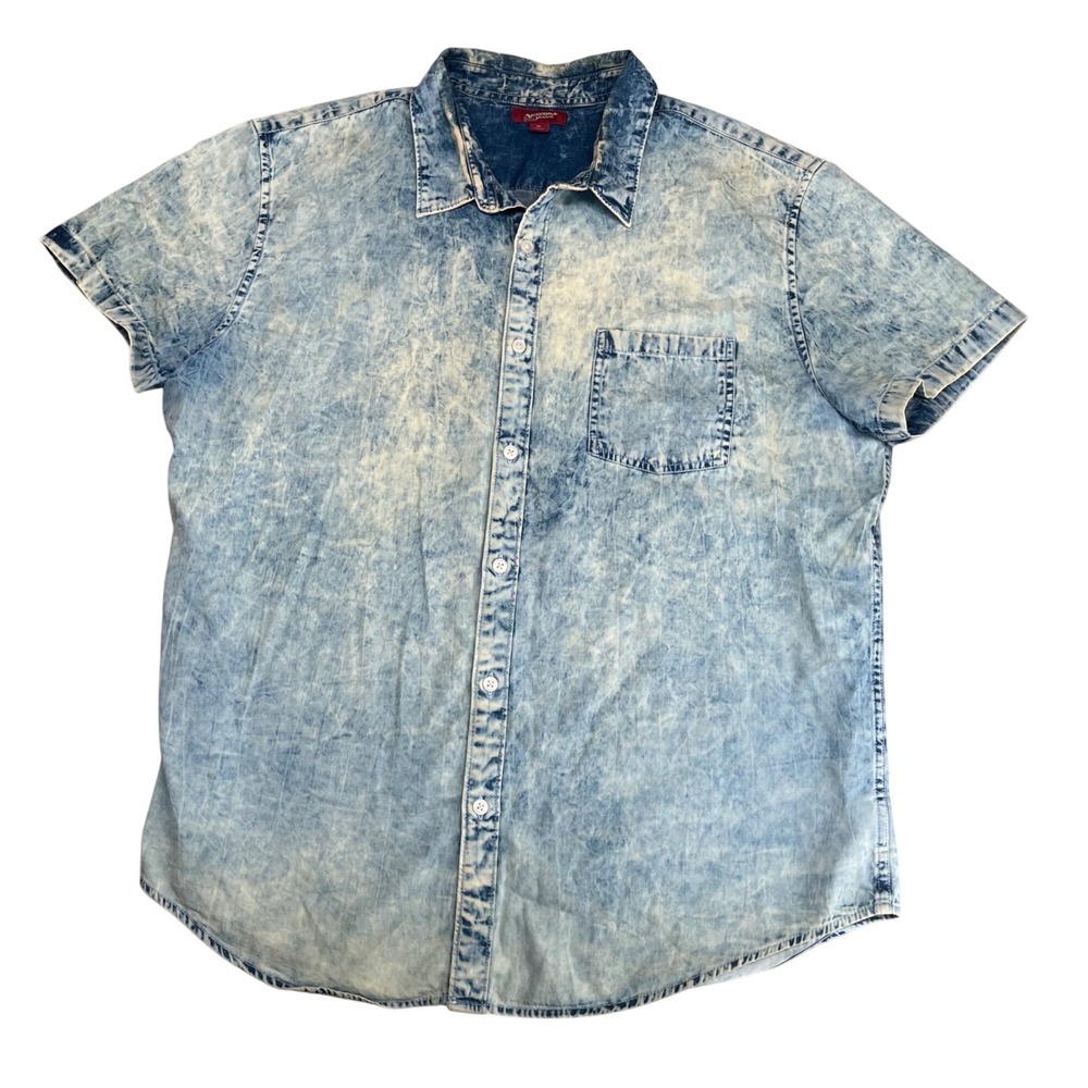 Arizona Jean Co Short Sleeve Button Down Mens XL Blue Acid Wash Denim‎ Shirt